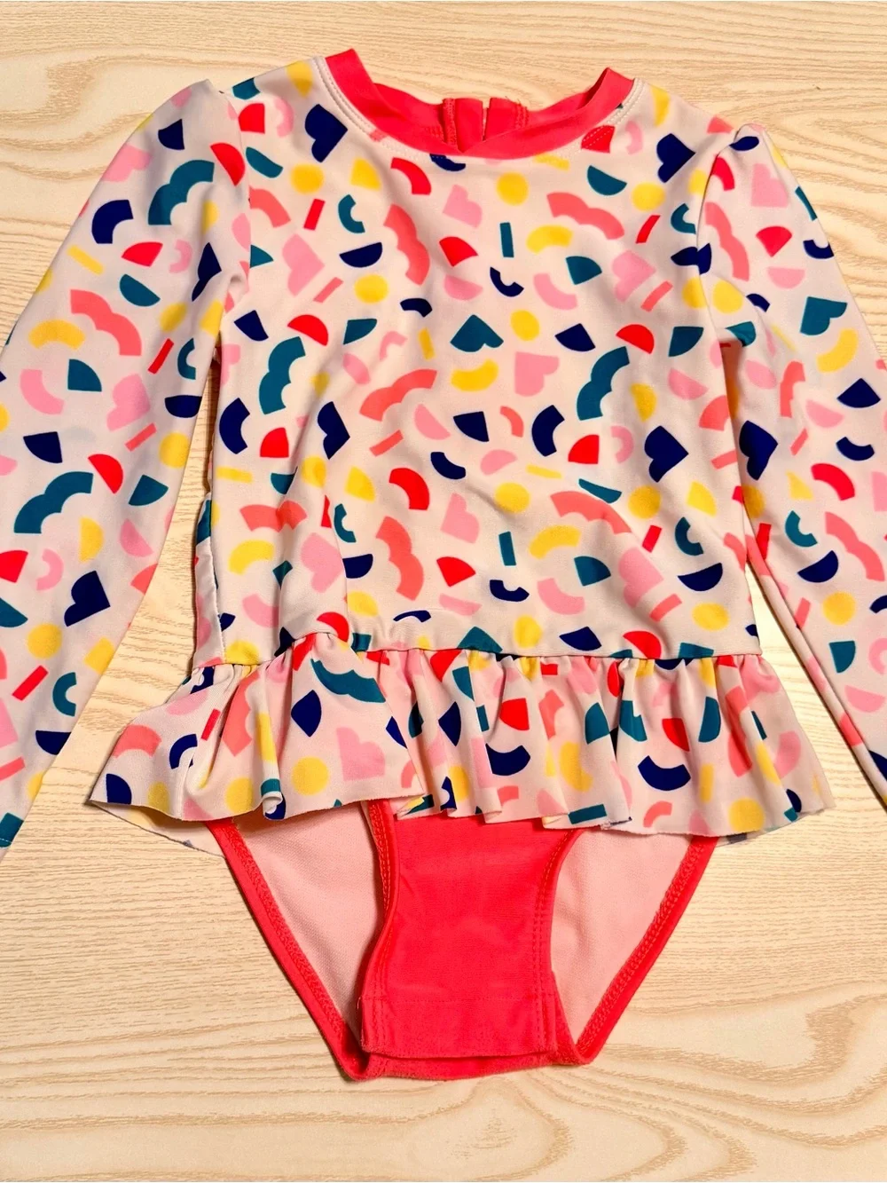 Cat & Jack Long Sleeve Pink Confetti Ruffle One-Piece Swimsuit Size 4T
